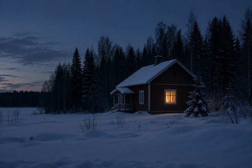 Yksinäinen talo talviyössä, yksi lämpimästi valaistu ikkuna