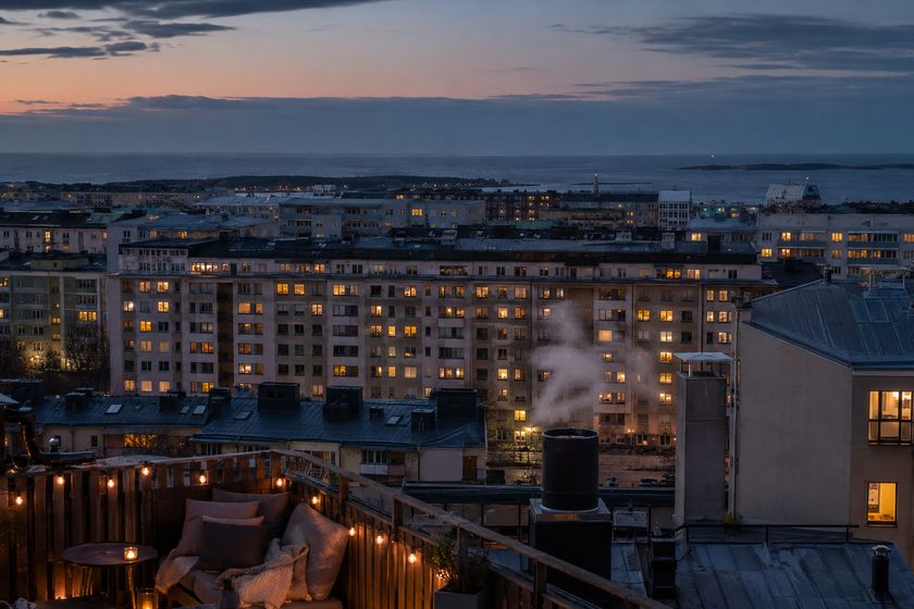 Helsingin asuinkortteleita hämärässä, lämpimästi valaistut ikkunat