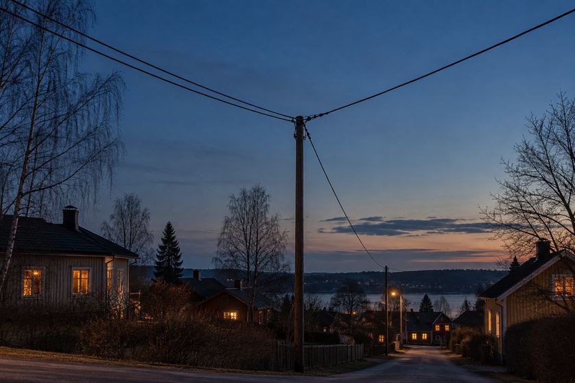 Kaksi sähkölinjaa yhtyy yhdeksi hiljaisen asuinkadun yllä