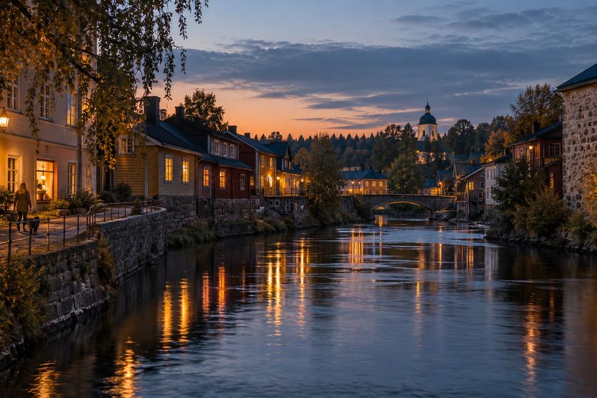 Jokiranta vanhassa suomalaisessa kaupungissa illan hämärässä