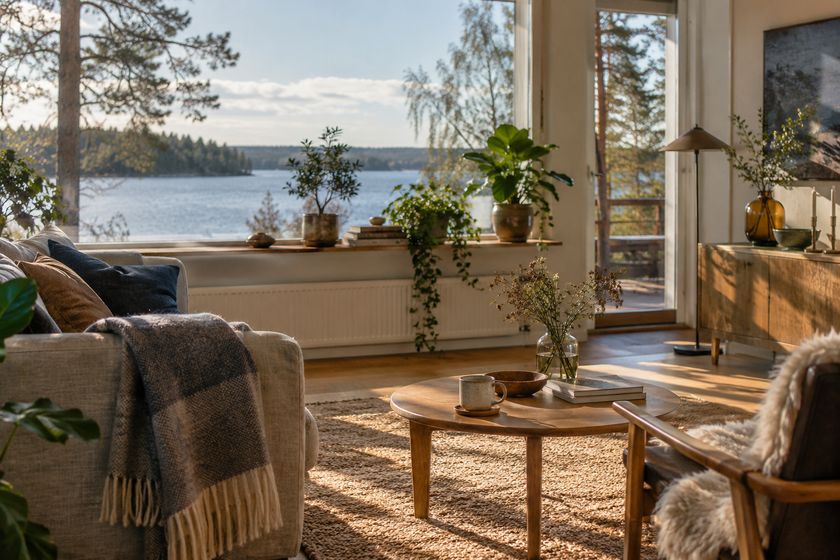 Rauhallinen suomalainen olohuone aamuvalossa, huonekasveja ikkunalla